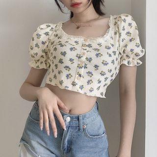Short-sleeve Floral T-shirt / Denim A-line Skirt