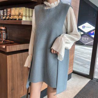 Dip Back Long Vest / Frill Collar Chiffon Blouse