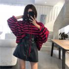 Striped Long-sleeve Hooded Pullover / Faux Leather Mini A-line Skirt