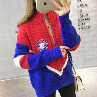Mock Neck Dog Embroidered Zip Knit Jacket