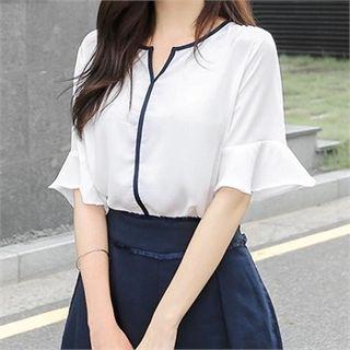 Contrast-trim Flare-sleeve Top