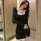 Mock Two-piece Long-sleeve Contrast Trim Dress Black - One Size