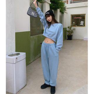 Long-sleeve Plain Sweatshirt + High-waist Drawstring Sweatpants