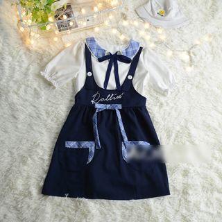 Short-sleeve Bow Blouse / Jumper Skirt / Set: Short-sleeve Bow Blouse + Jumper Skirt