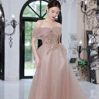 Off-shoulder Embellished Mesh Maxi Cocktail Dress