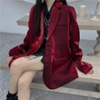 Front Pocket Lapel Collar Shimmer Blazer Wine Red - One Size