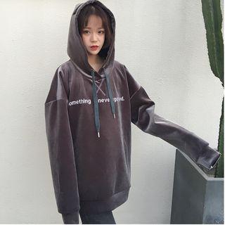 Letter Embroidered Velvet Long Hoodie
