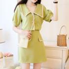 Set: Contrast Trim Short-sleeve Blouse + A-line Skirt