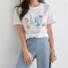 Faux-pearl Beaded Lam -lettering T-shirt