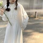 Long-sleeve Lace Trim Midi Smock Dress White - One Size
