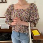 Square-neck Drawstring-waist Floral Blouse