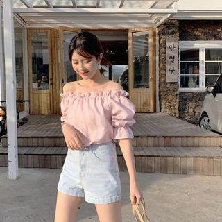 Off-shoulder Checked Seersucker Blouse Light Pink - One Size
