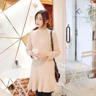 Crew-neck Faux-pearl Trim Knit Dress