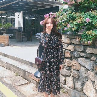 Floral Print A-line Dress Navy Blue - One Size