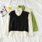 Long-sleeve Plain Button-down Shirt / V-neck Knit Vest