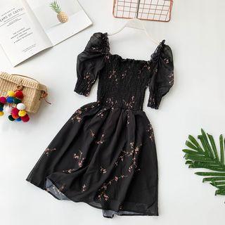 Embroidered Short-sleeve A-line Dress Black - One Size