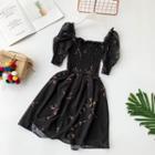 Embroidered Short-sleeve A-line Dress Black - One Size