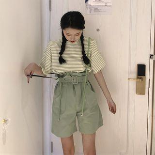 Striped Short-sleeve T-shirt / High Waist Suspender Shorts