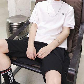 Mock-neck Lettering Embroidered Short Sleeve T-shirt With Chain