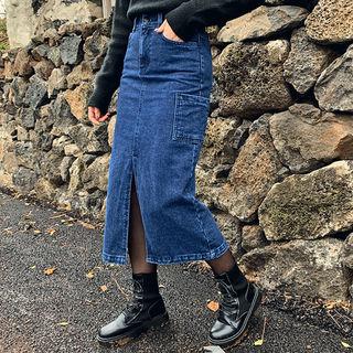 Slashed H-line Long Denim Skirt