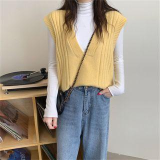V Neck Plain Knit Sleeveless Sweater