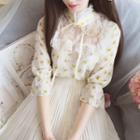 Floral Print Lace Panel 3/4 Sleeve Blouse