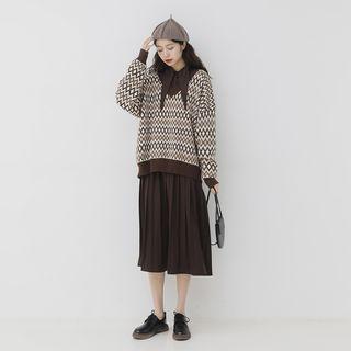 Printed V-neck Sweater / Long-sleeve Midi Collared Dress
