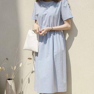 Rollup-sleeve Tie-waist Long Dress