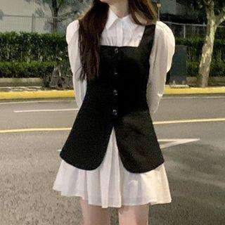 Bell-sleeve Mini Shirtdress / Single-breasted Vest