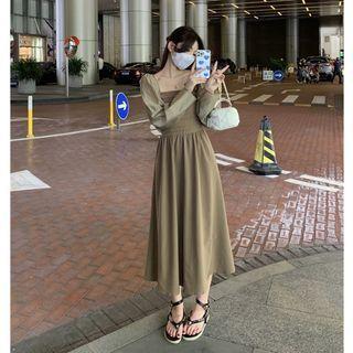 Suspender Square-neck Pleated Dress / Long-sleeve Plain Cardigan