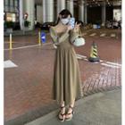 Suspender Square-neck Pleated Dress / Long-sleeve Plain Cardigan