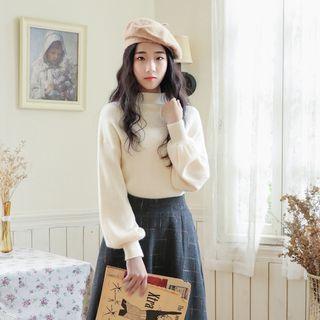 Mock Neck Sweater / Plaid Midi A-line Skirt / Set