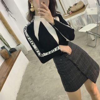 Color Block Lettering Mock Neck Sweater