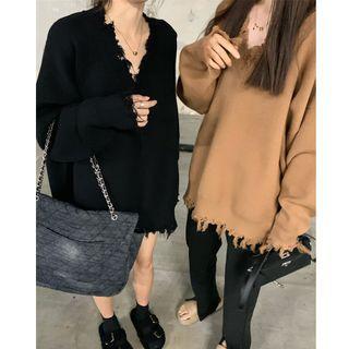 V-neck Distressed Loose-fit Sweater