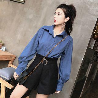Set: Lantern-sleeve Shirt + High-waist Shorts