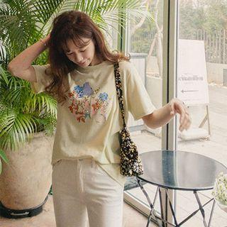 Short-sleeve Faux-pearl Floral T-shirt