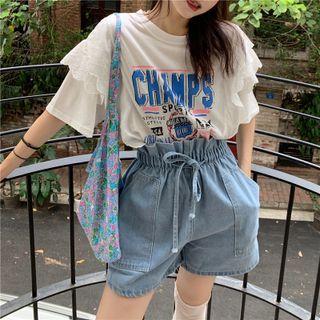 Elbow-sleeve Ruffled Lettering T-shirt / High-waist Denim Shorts