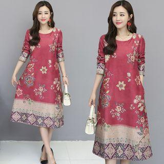 Long-sleeve Floral Faux Suede Midi A-line Dress