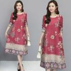 Long-sleeve Floral Faux Suede Midi A-line Dress