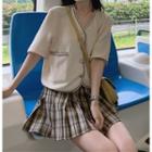 Contrast Trim Jacket / Plaid Pleated Mini Skirt