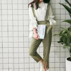 Plain Flared-sleeve Blouse / Cropped Suspender Pants