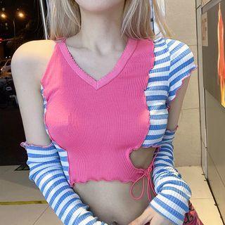 Set: Striped Panel Crop Tank Top + Fingerless Gloves