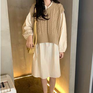 V-neck Cable Knit Vest / Balloon-sleeve Midi A-line Shirtdress