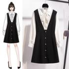 Set: Long-sleeve Shirt + Button Mini A-line Pinafore Dress