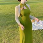 Sleeveless Floral-accent Cutout Midi Sheath Qipao Dress / Shrug / Set