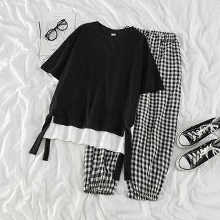 Mock-two Short-sleeve Top / Check Pants