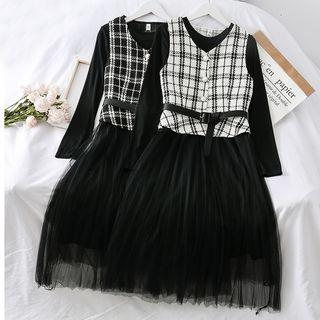 Set: Mesh A-line Dress + Plaid Vest With Belt