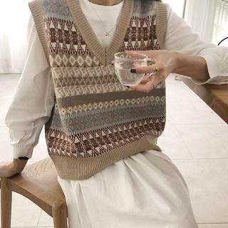 V-neck Pattern Knit Vest Khaki - One Size