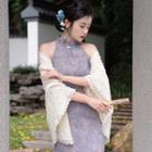 Halter-neck Floral Print Qipao / Lace Jacket / Set