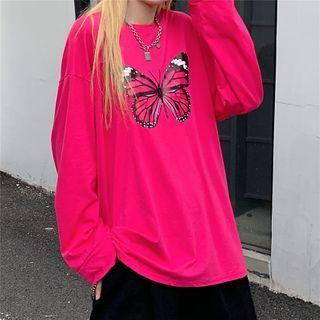 Butterfly-print Long-sleeve Round Neck T-shirt Rose Pink - One Size